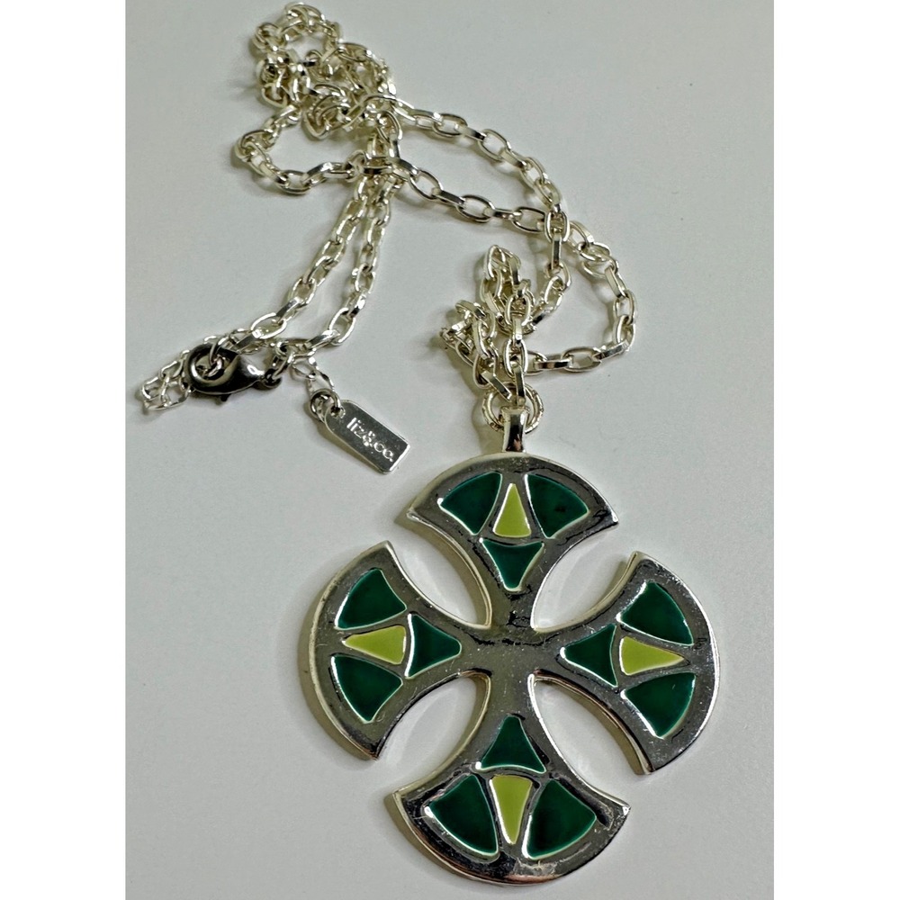 Liz Claiborne Necklace Green Pendant Statement Cross Keltic Silver Tone 20 in